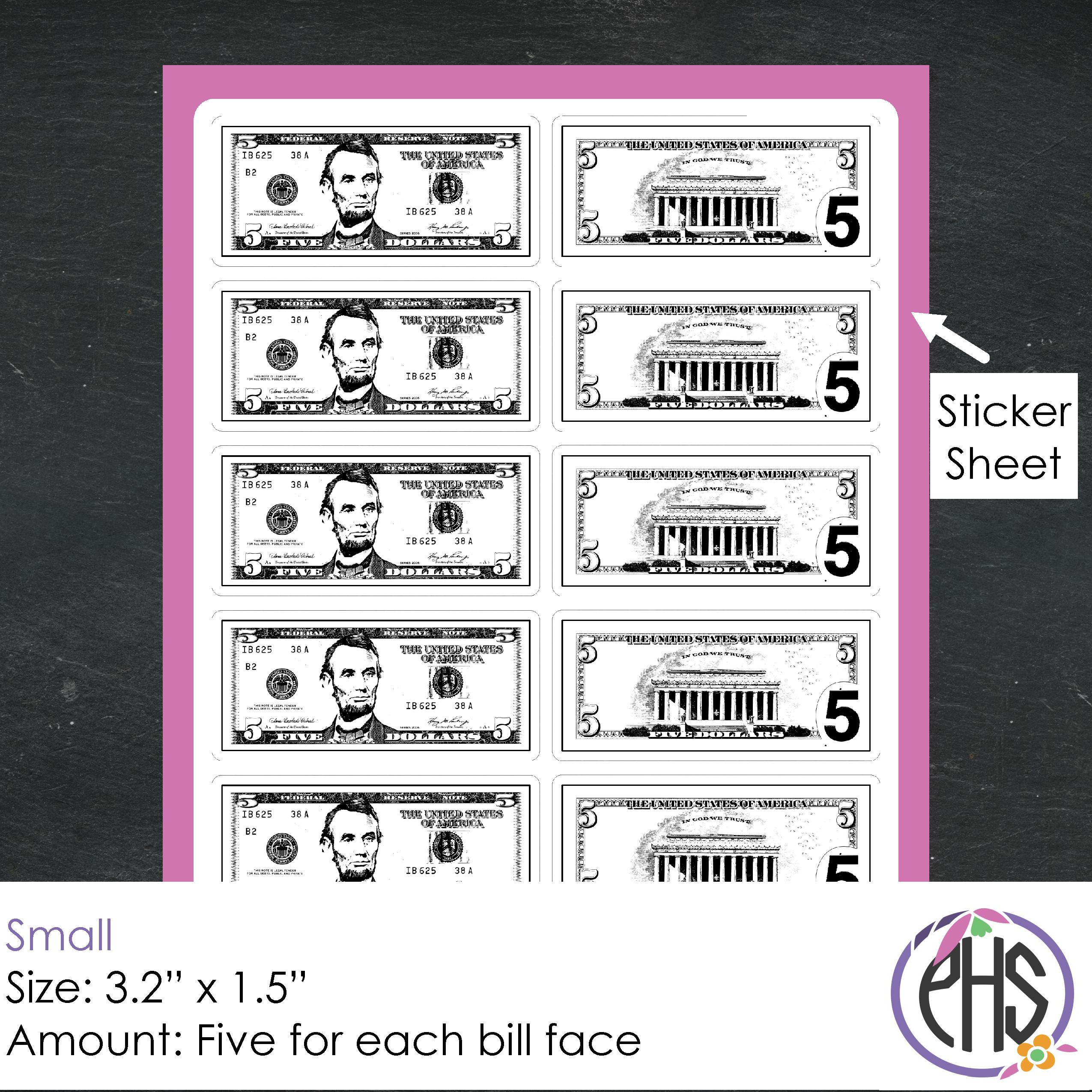 Black and White Math Five-dollar Bill Stickers $5