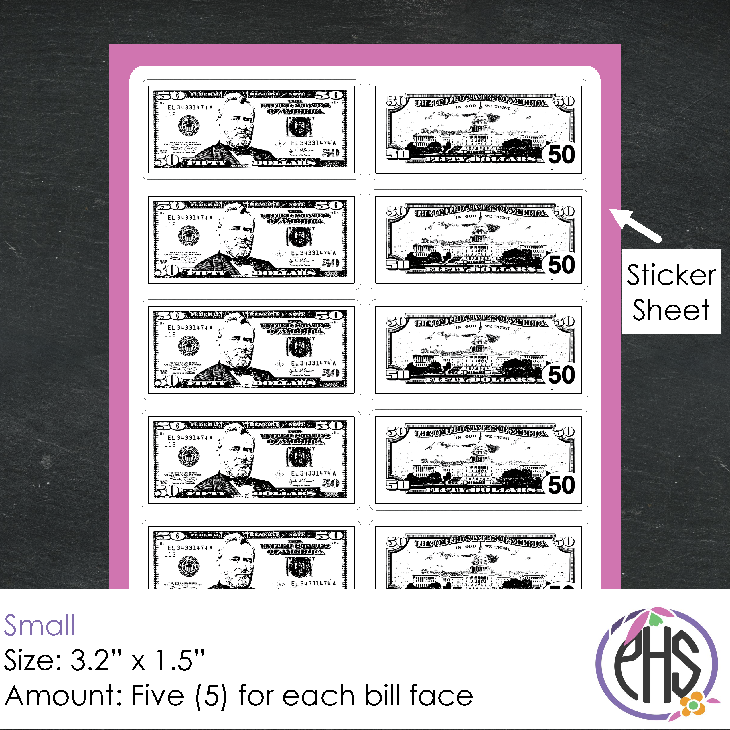 Black and White Math Fifty-dollar Bill Stickers $50