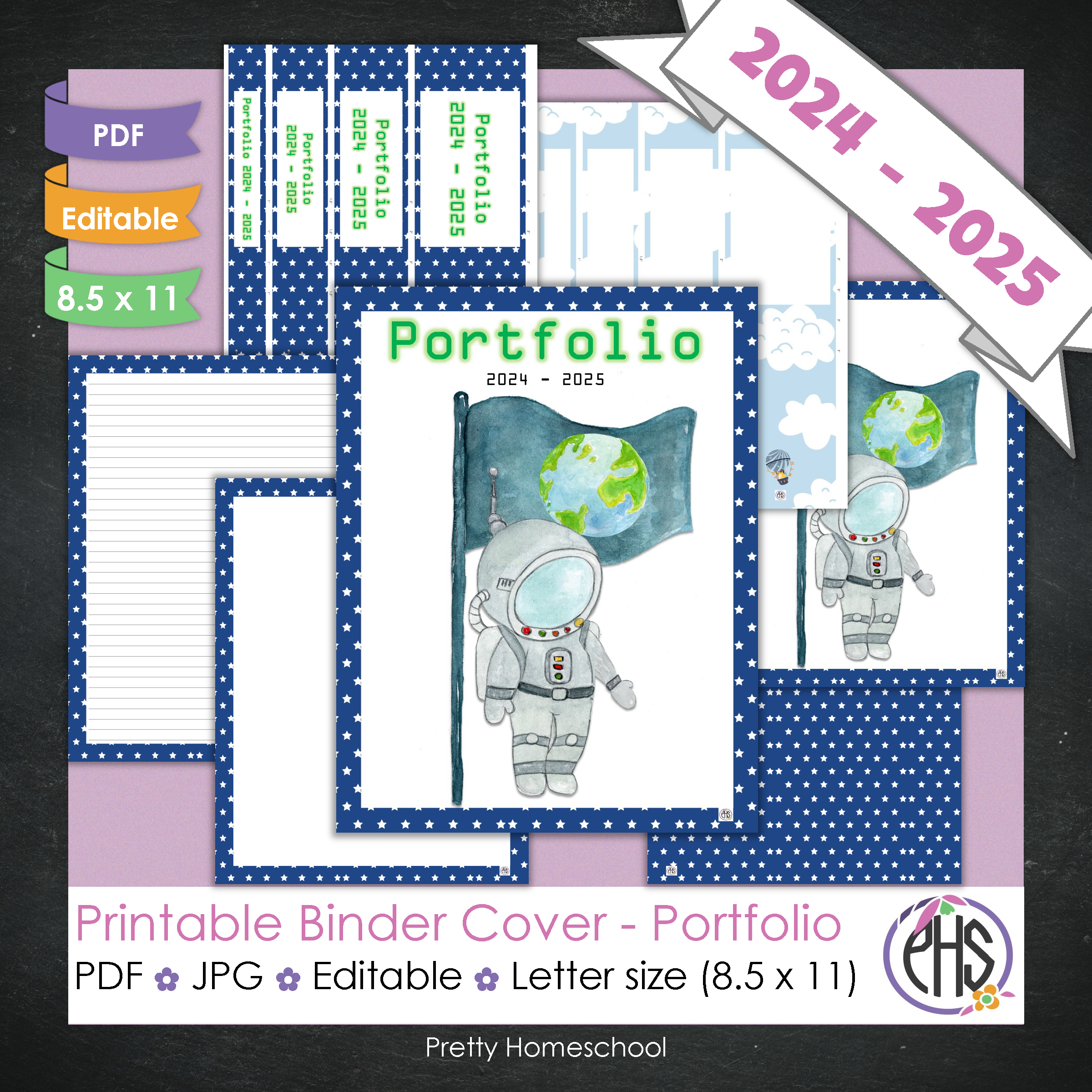 Editable and Printable Portfolio Binder Covers and Spines | Astronaut Boy and Space Theme