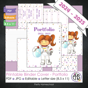 Editable and Printable Portfolio Binder Covers and Spines | Astronaut Girl and Space Theme