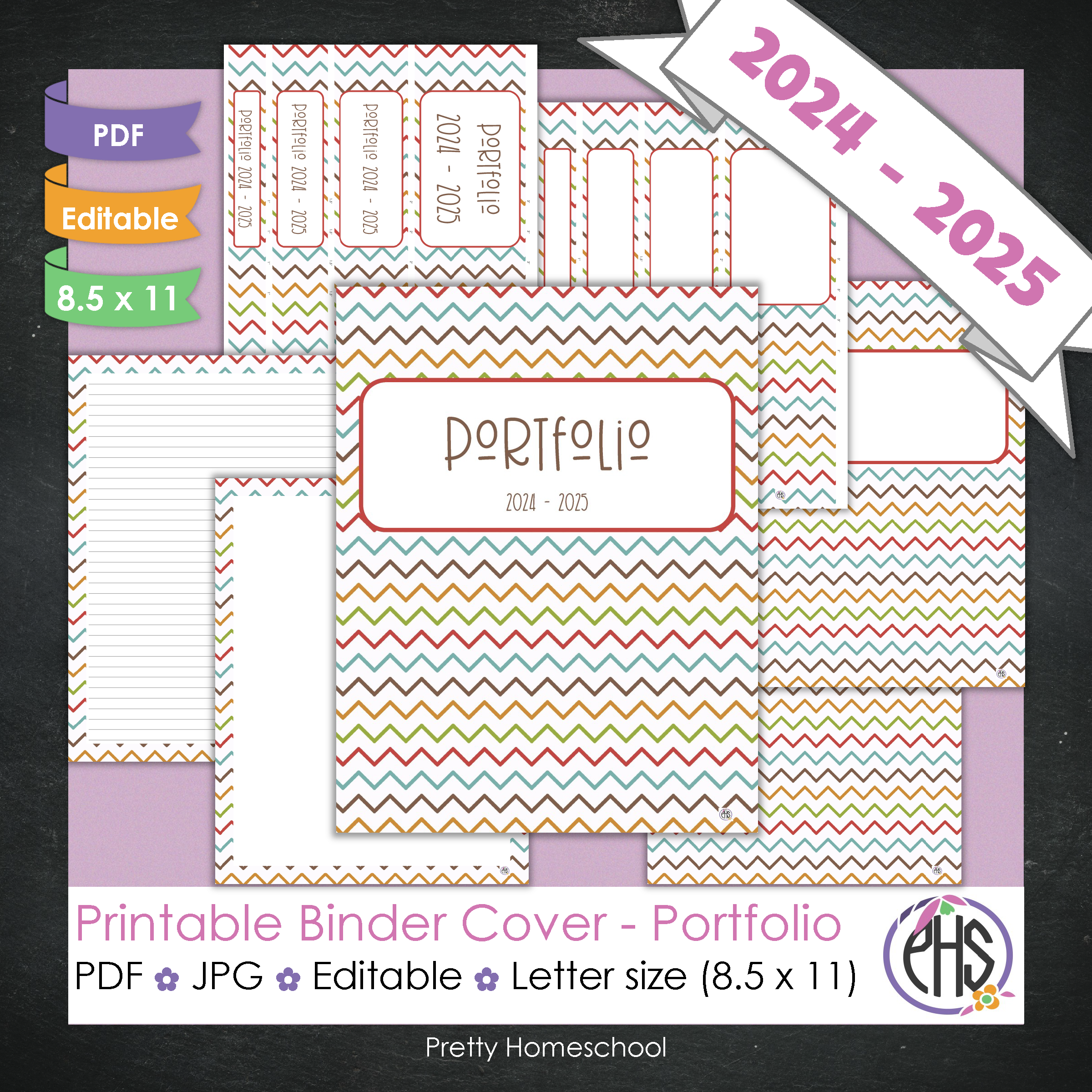 Editable and Printable Portfolio Binder Covers and Spines | Autumn Colors Chevron Theme