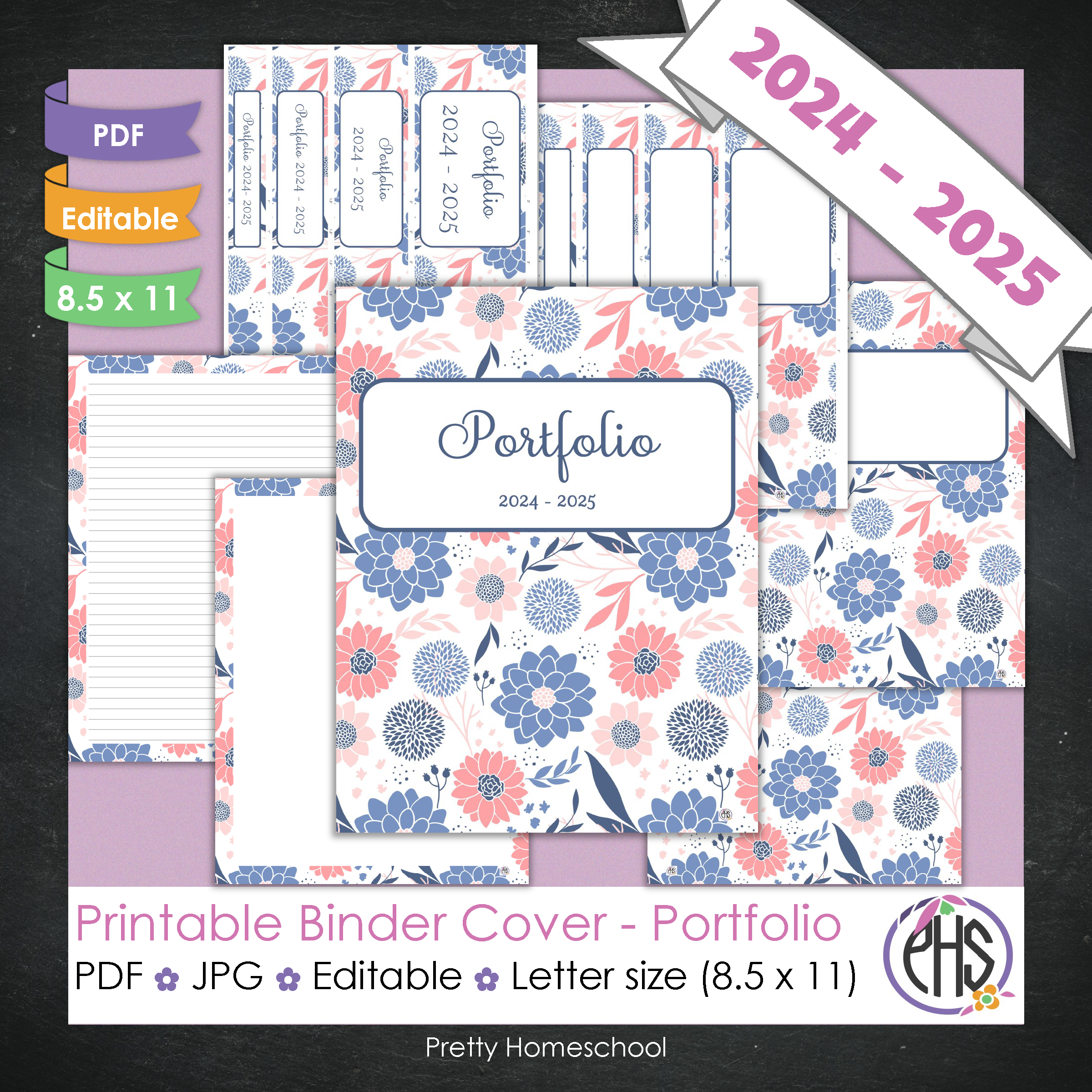 Editable and Printable Portfolio Binder Covers and Spines | Blue and Coral Flowers Theme