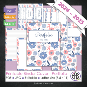 Editable and Printable Portfolio Binder Covers and Spines | Blue and Coral Flowers Theme