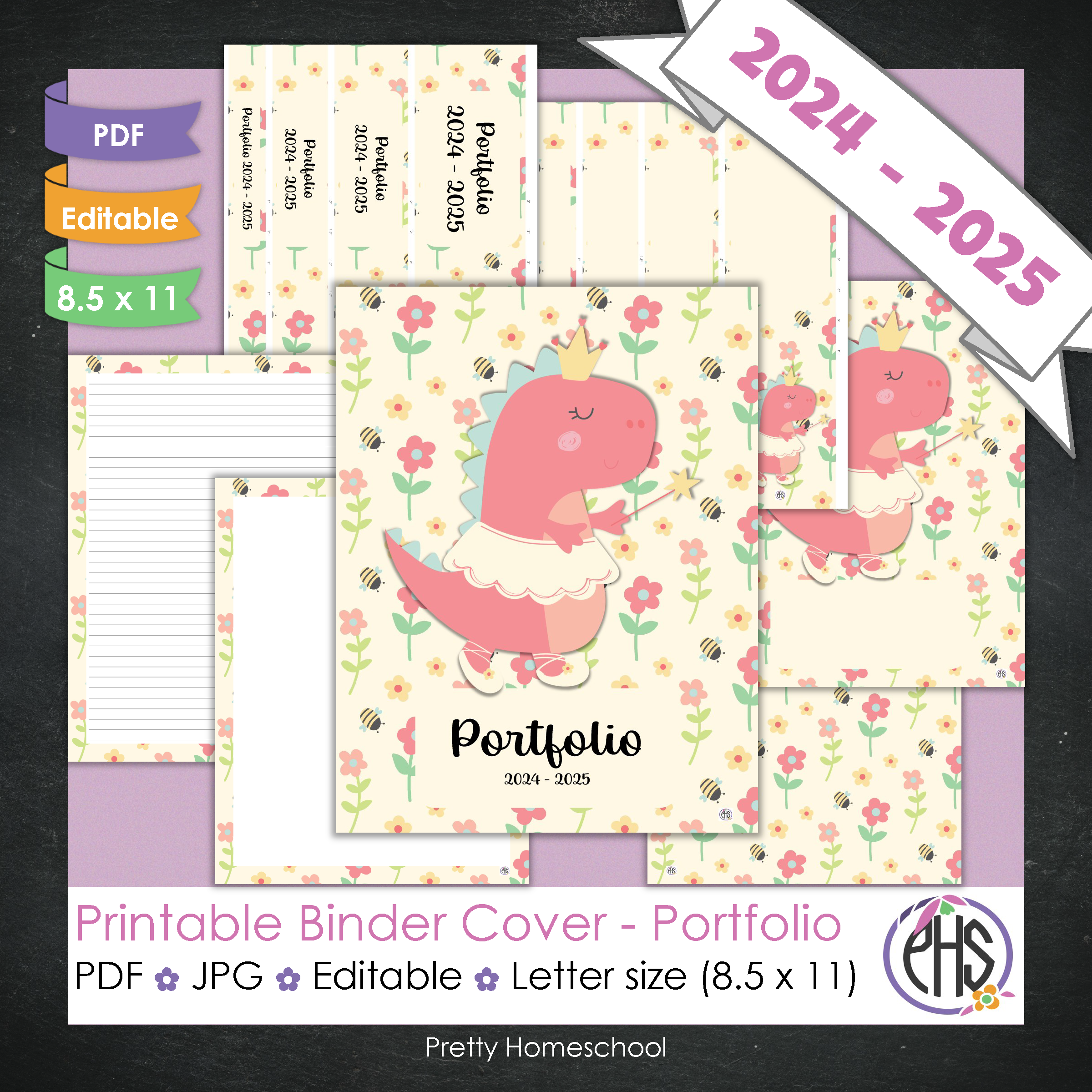 Editable and Printable Portfolio Binder Covers and Spines | Dinosaur Girl Theme