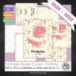 Editable and Printable Portfolio Binder Covers and Spines | Dinosaur Girl Theme