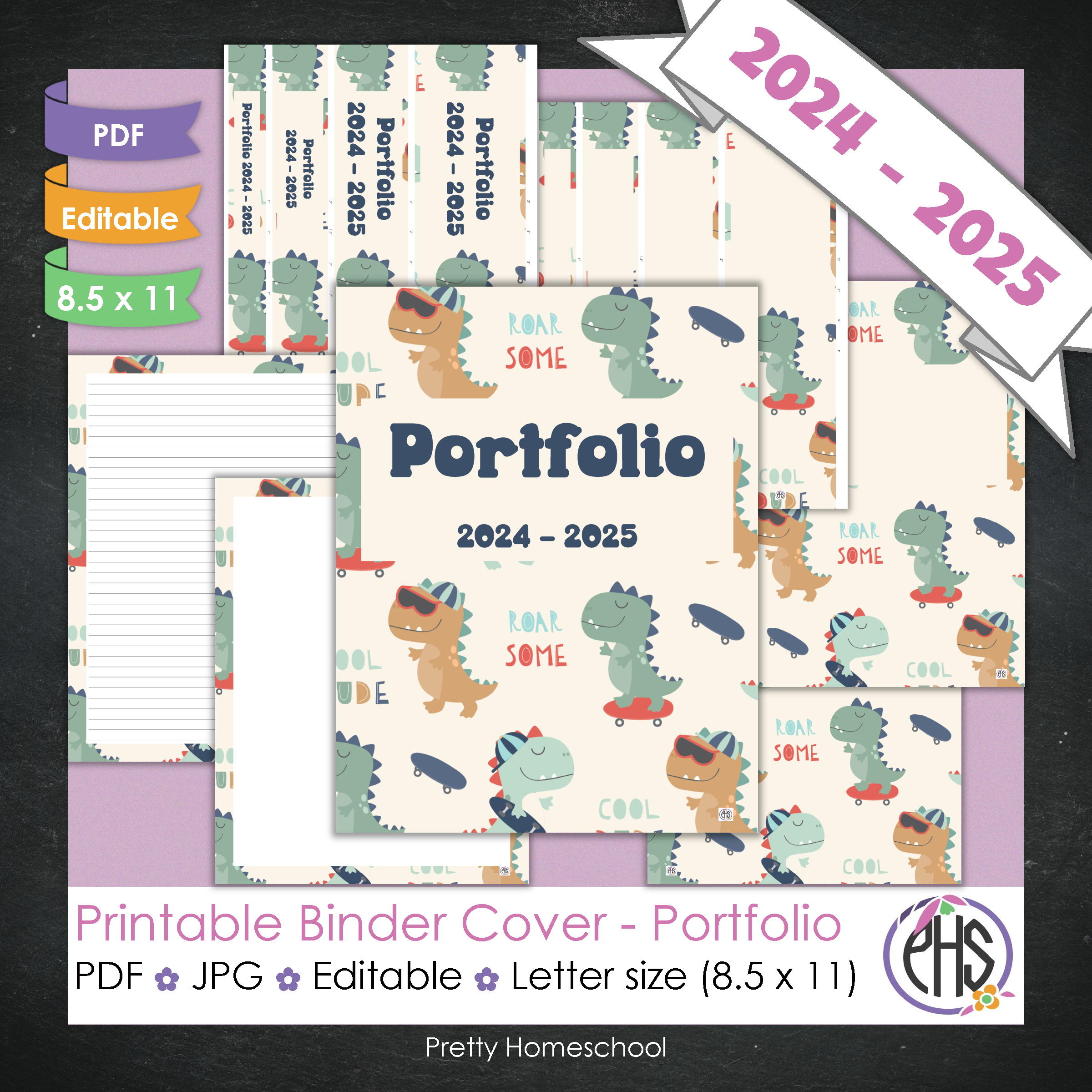 Editable and Printable Portfolio Binder Covers and Spines | Cool Dinosaurs Theme
