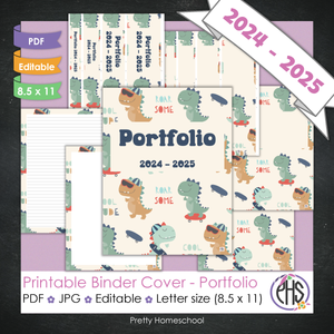 Editable and Printable Portfolio Binder Covers and Spines | Cool Dinosaurs Theme