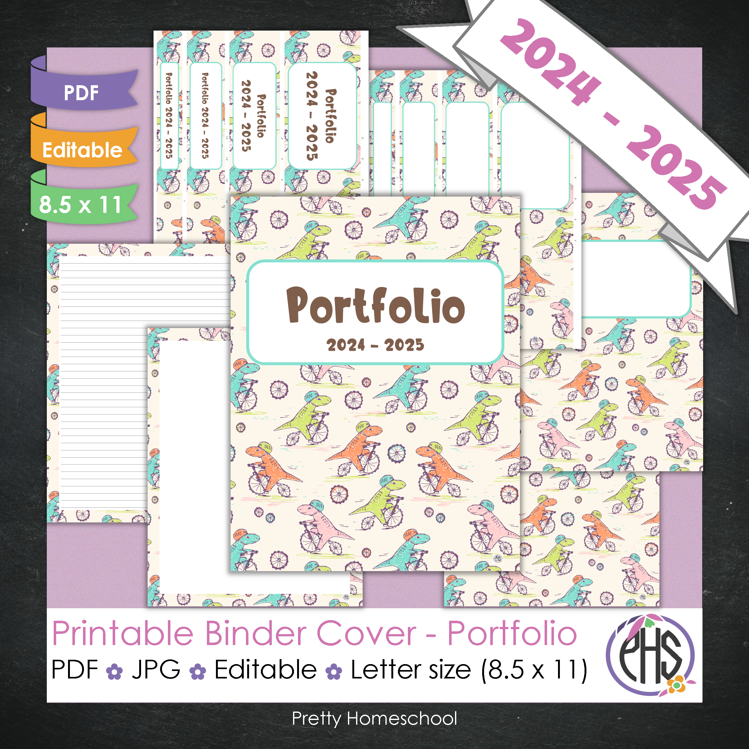 Editable and Printable Portfolio Binder Covers and Spines | Dinosaurs Theme