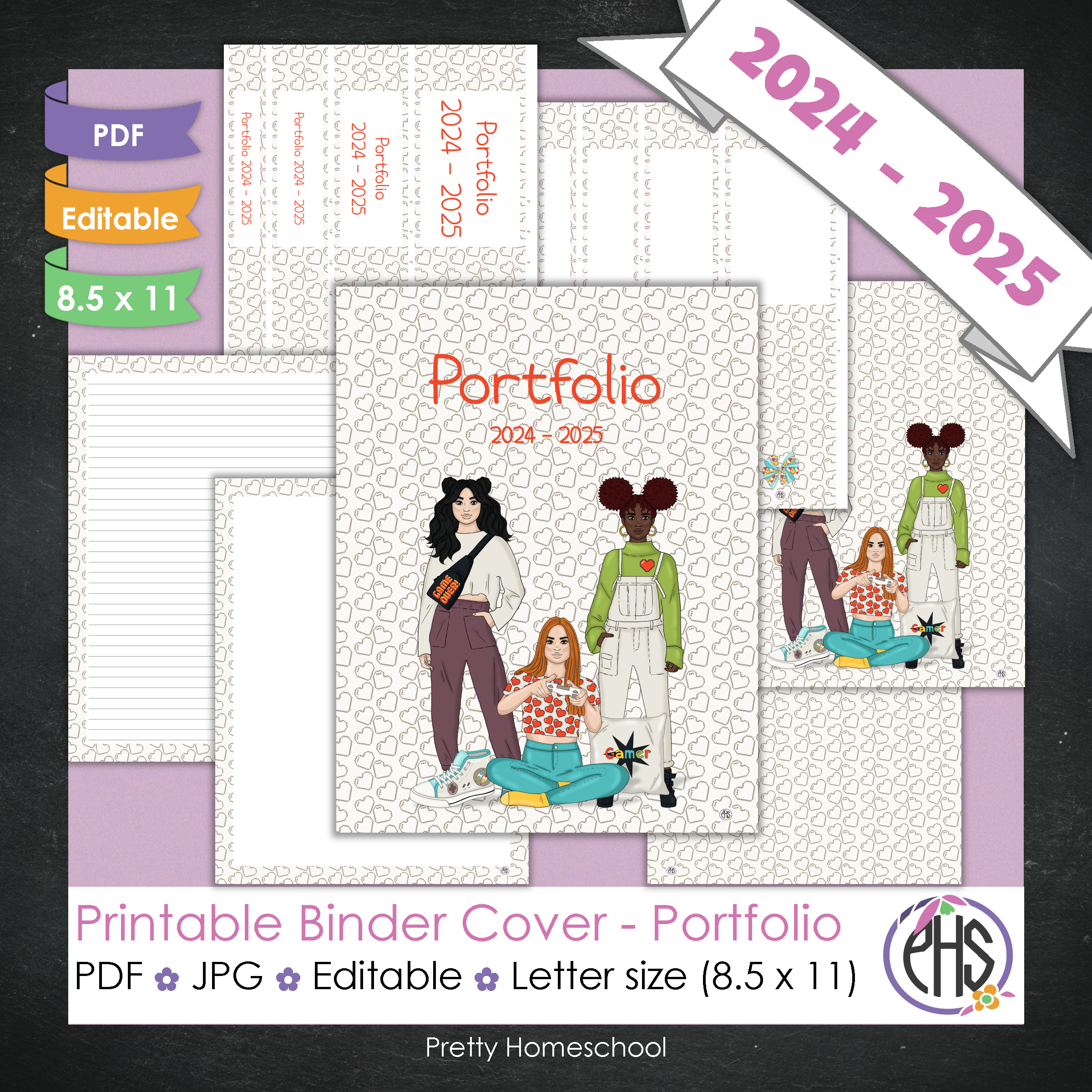 Editable and Printable Portfolio Binder Covers and Spines | Video Game Gamer Girl Theme