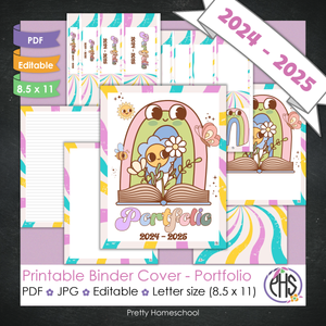 Editable and Printable Portfolio Binder Covers and Spines | Groovy Vintage Cartoon School Stationary Theme
