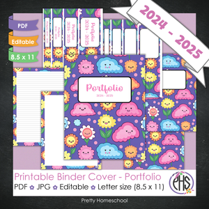 Editable and Printable Portfolio Binder Covers and Spines | Happy Flowers and Clouds Theme