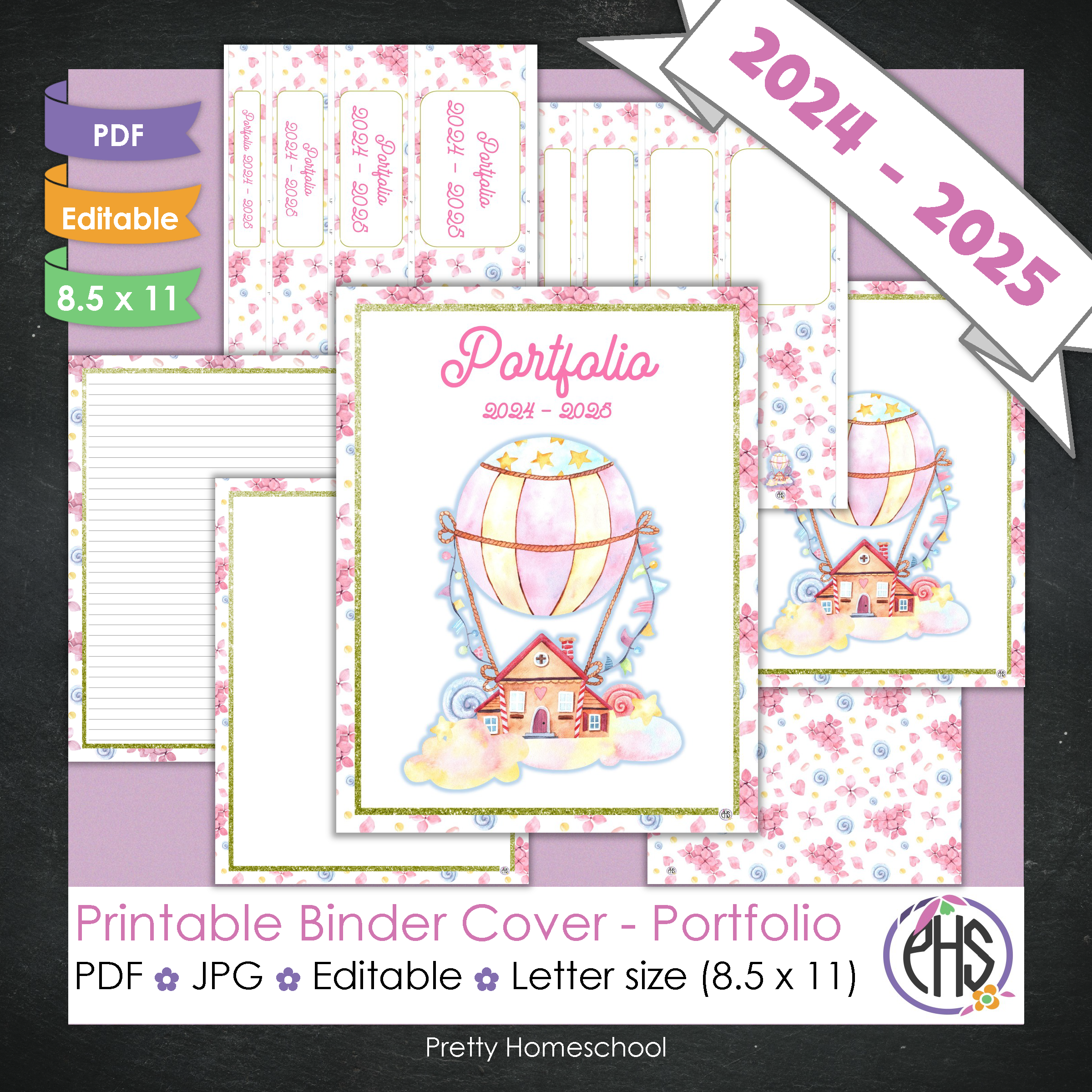 Editable and Printable Portfolio Binder Covers and Spines | Hot Air Ballons Theme