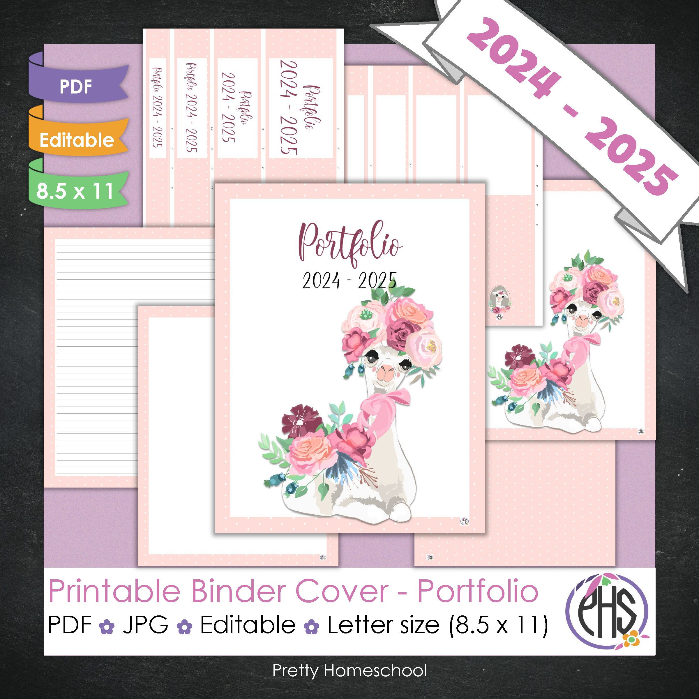 Editable and Printable Portfolio Binder Covers and Spines | Llama Theme