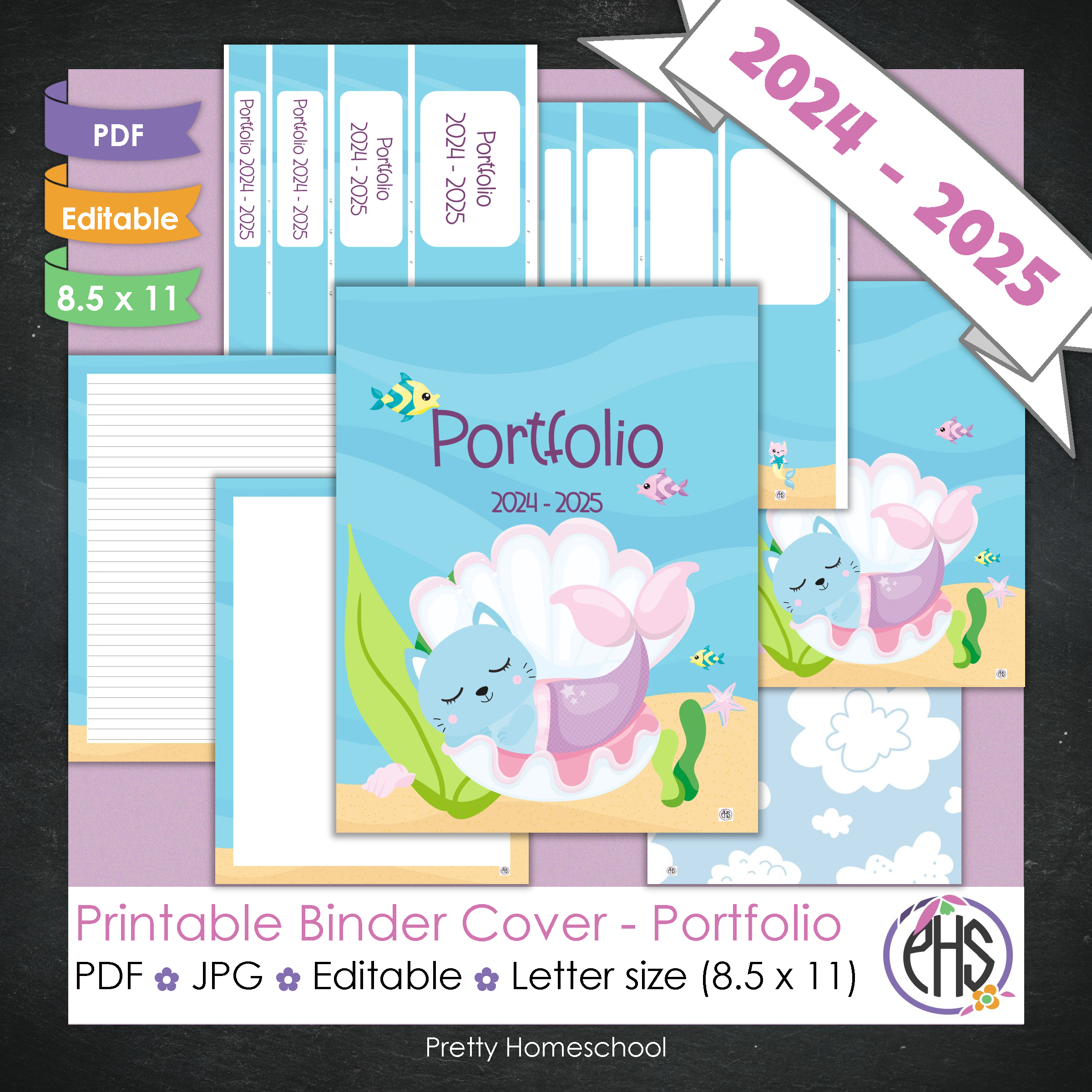 Editable and Printable Portfolio Binder Covers and Spines | Mermaid Cats Theme
