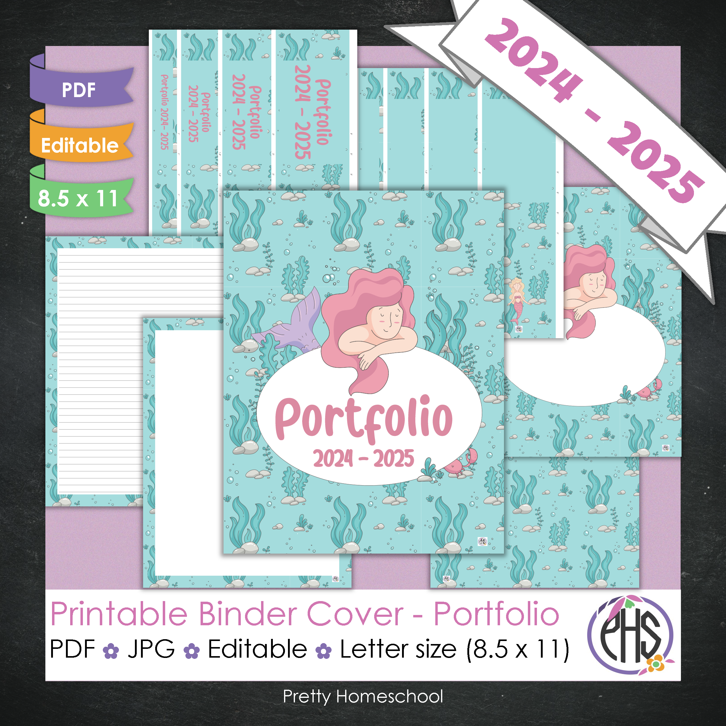 Editable and Printable Portfolio Binder Covers and Spines | Mermaids Theme