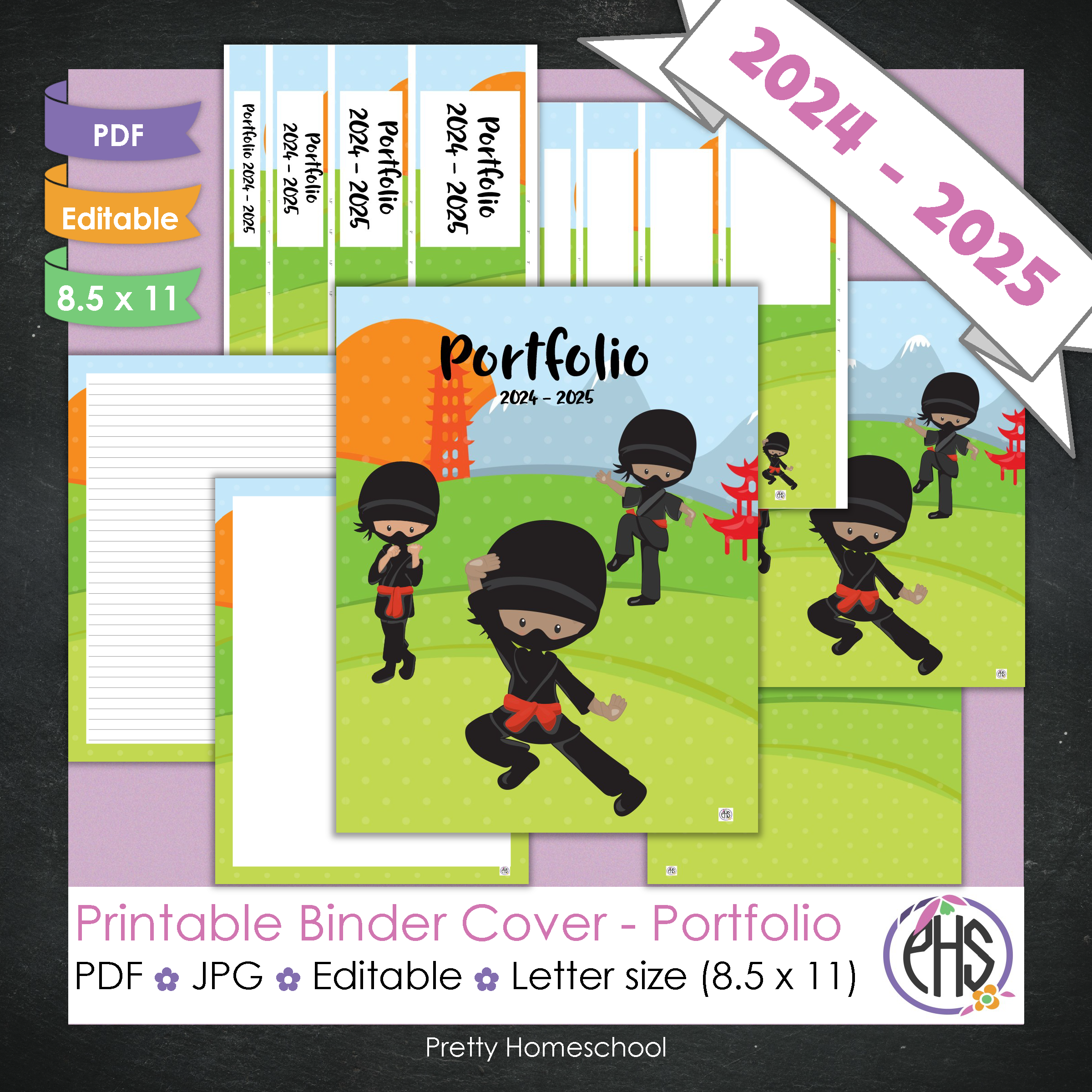 Editable and Printable Portfolio Binder Covers and Spines | Ninjas Theme