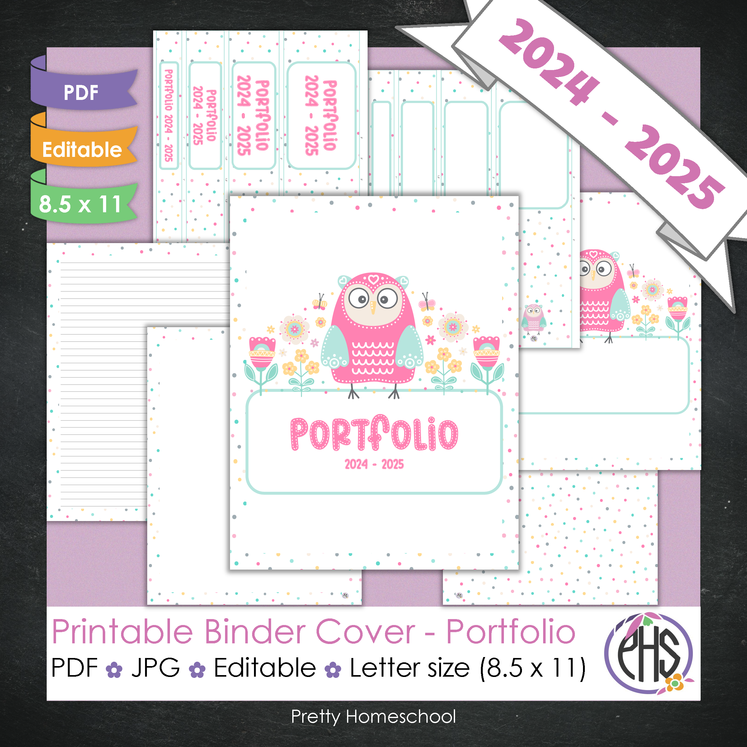 Editable and Printable Portfolio Binder Covers and Spines | Owls and Flowers Theme