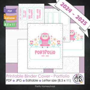 Editable and Printable Portfolio Binder Covers and Spines | Owls and Flowers Theme