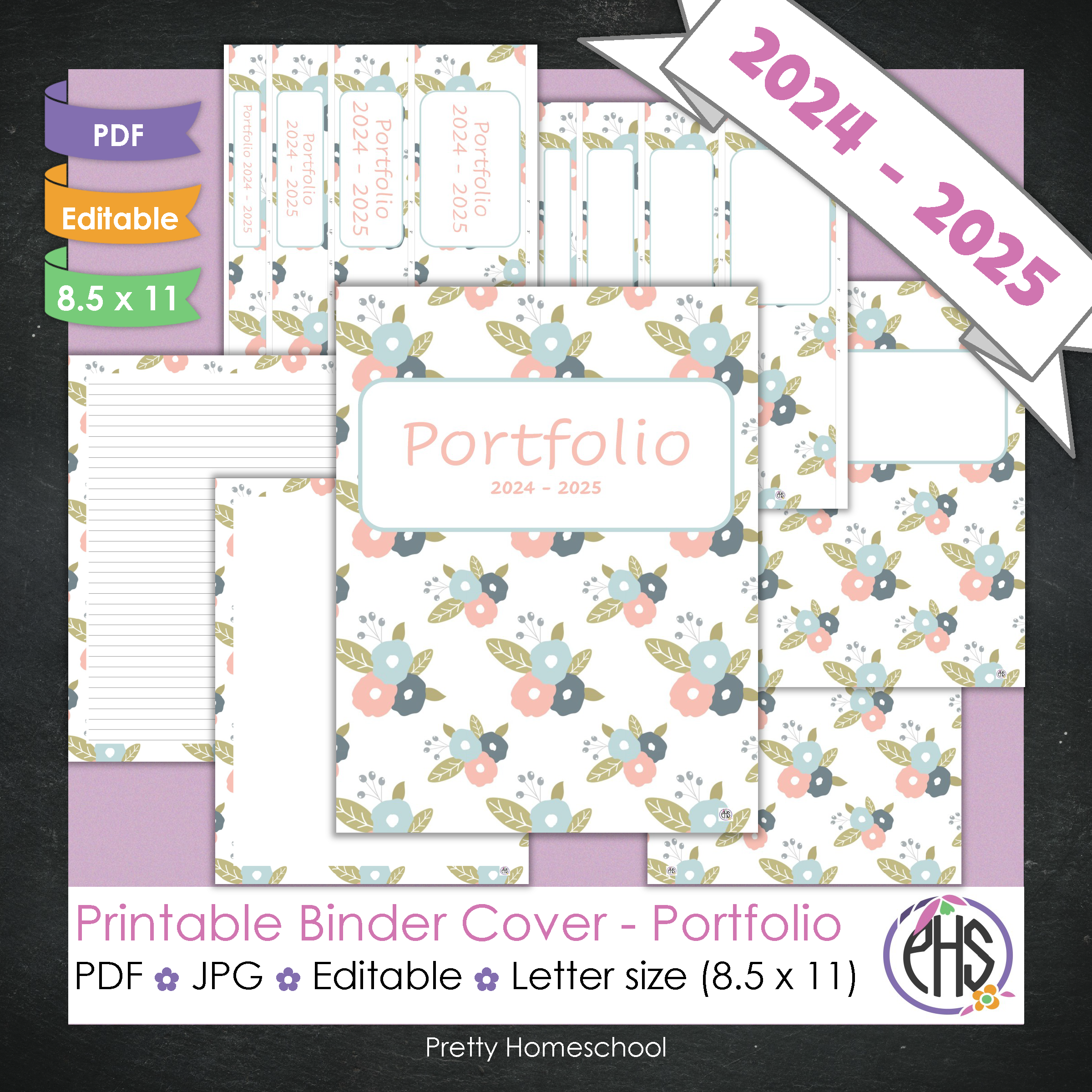 Editable and Printable Portfolio Binder Covers and Spines | Pastel Flowers Theme