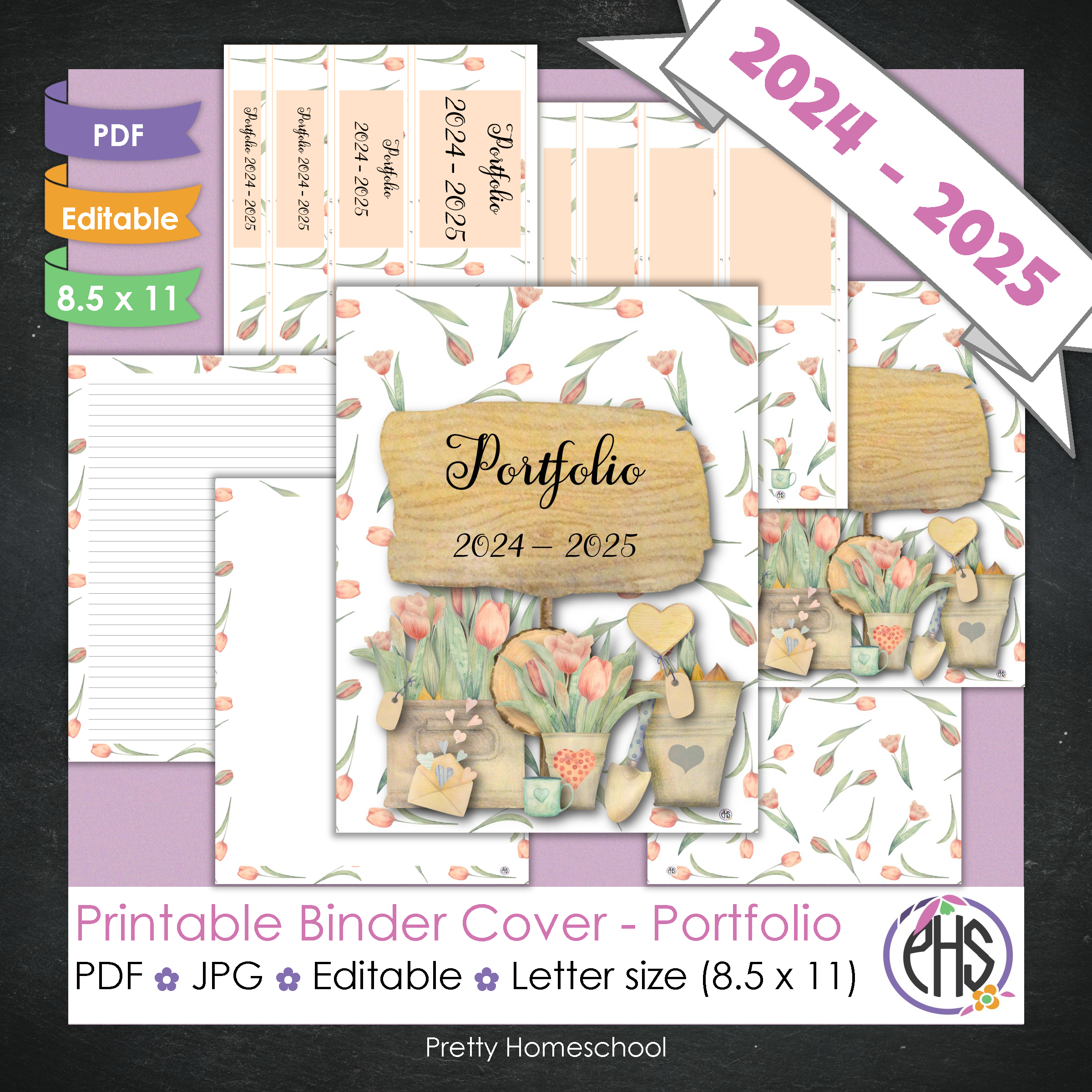 Editable and Printable Portfolio Binder Covers and Spines | Pink Flowers Theme