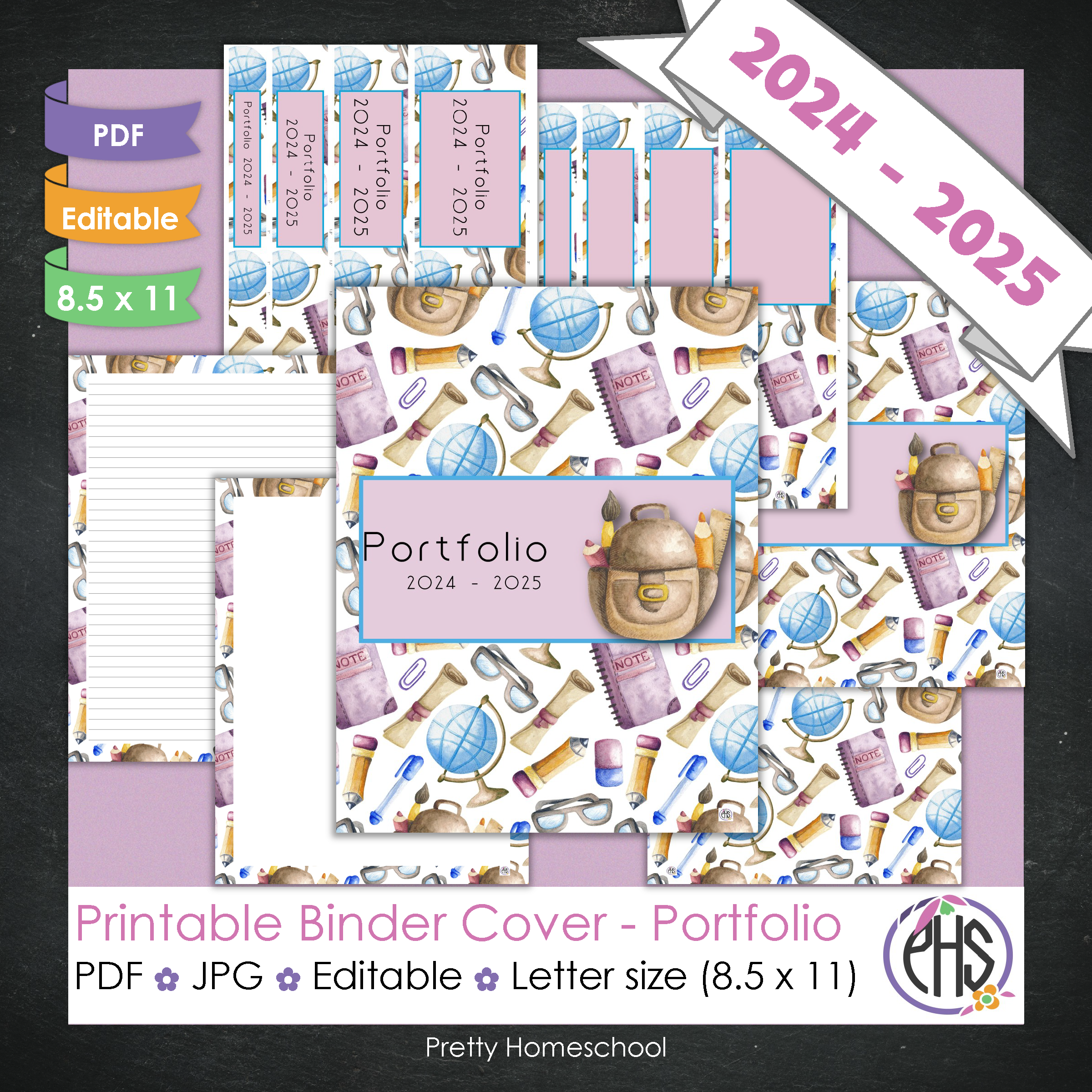 Editable and Printable Portfolio Binder Covers and Spines | Purple School Stationary Theme