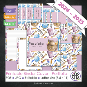 Editable and Printable Portfolio Binder Covers and Spines | Purple School Stationary Theme