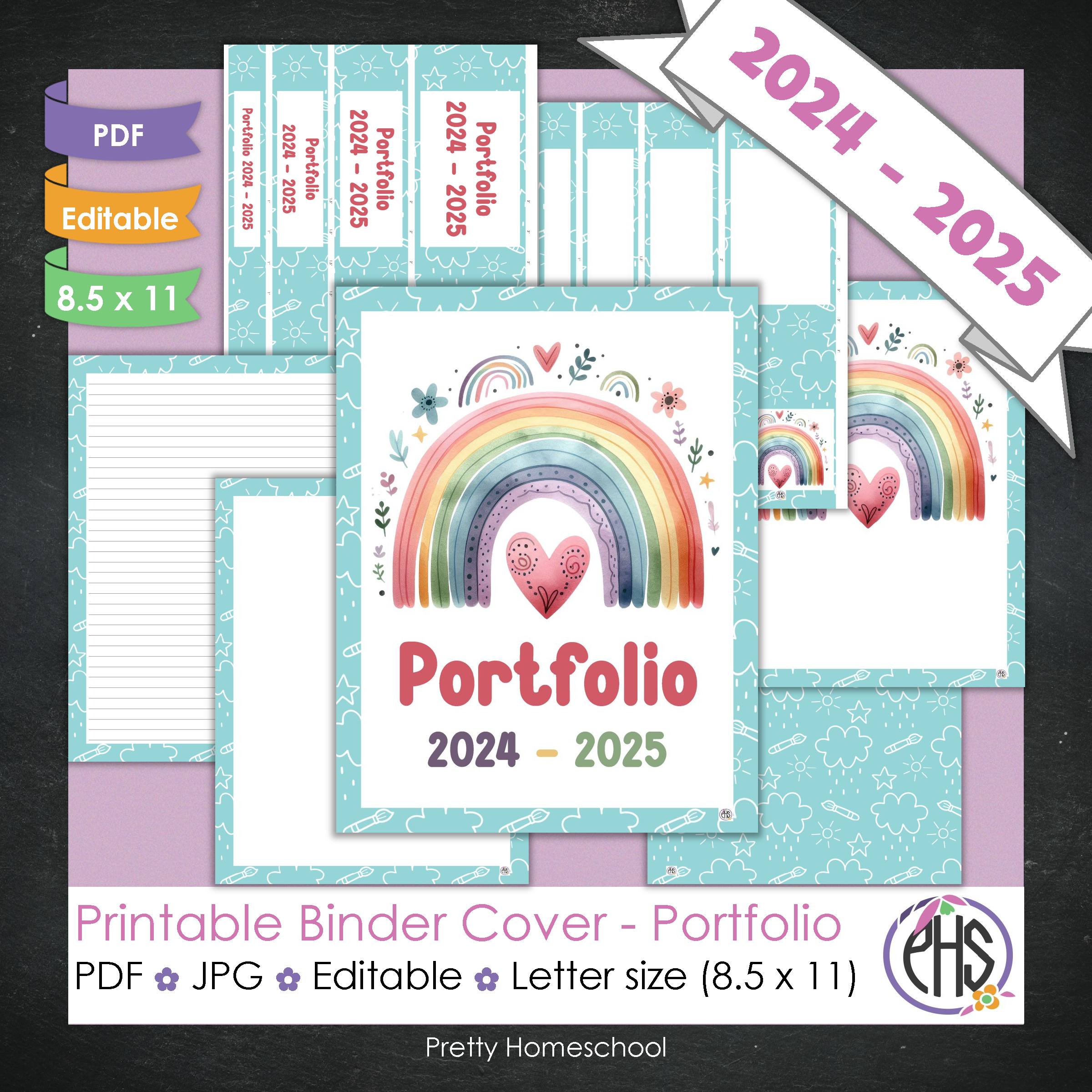 Editable and Printable Portfolio Binder Covers and Spines | Rainbow Theme