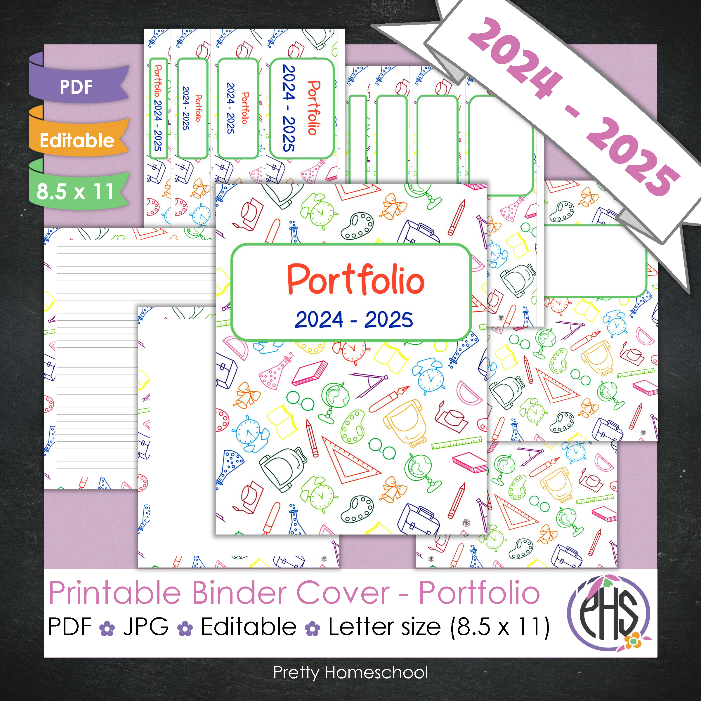Editable and Printable Portfolio Binder Covers and Spines | School Stationary Theme