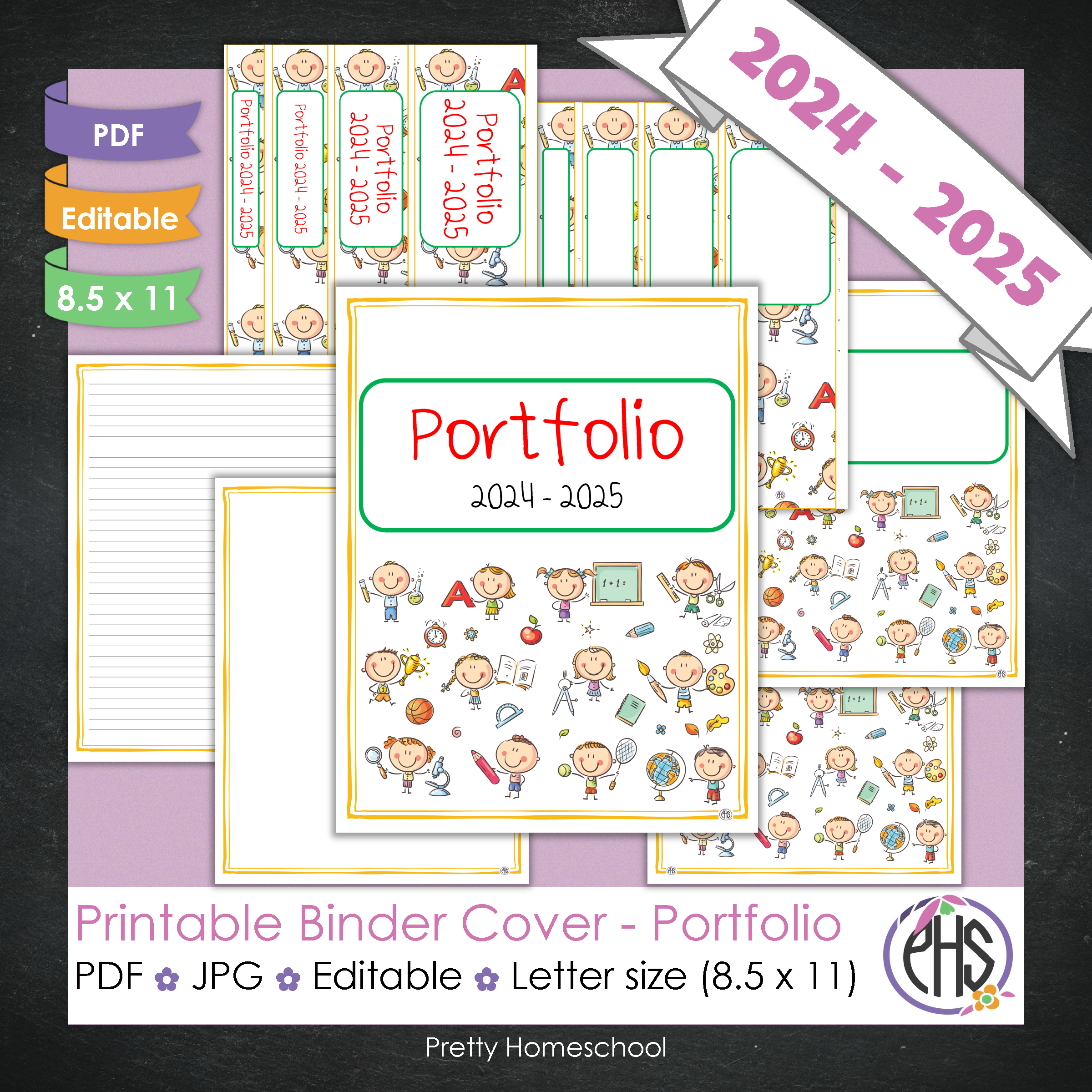 Editable and Printable Portfolio Binder Covers and Spines | School Kids Theme