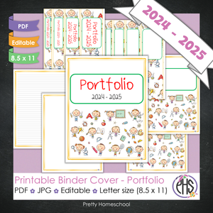 Editable and Printable Portfolio Binder Covers and Spines | School Kids Theme