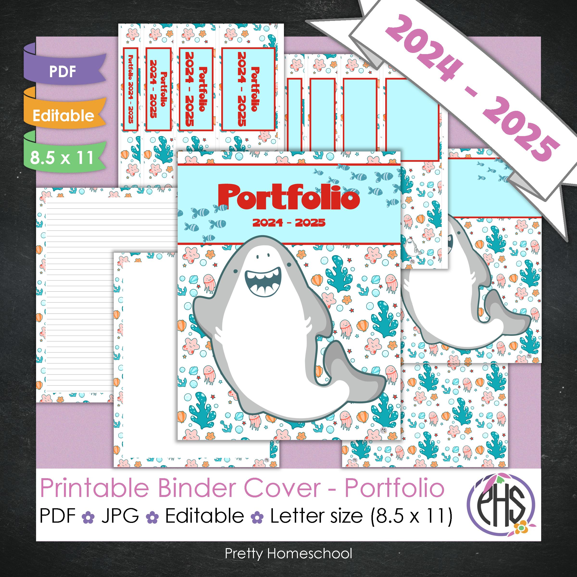 Editable and Printable Portfolio Binder Covers and Spines | Grey Sharks Theme