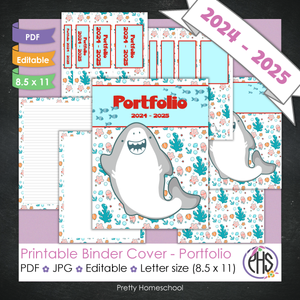 Editable and Printable Portfolio Binder Covers and Spines | Grey Sharks Theme
