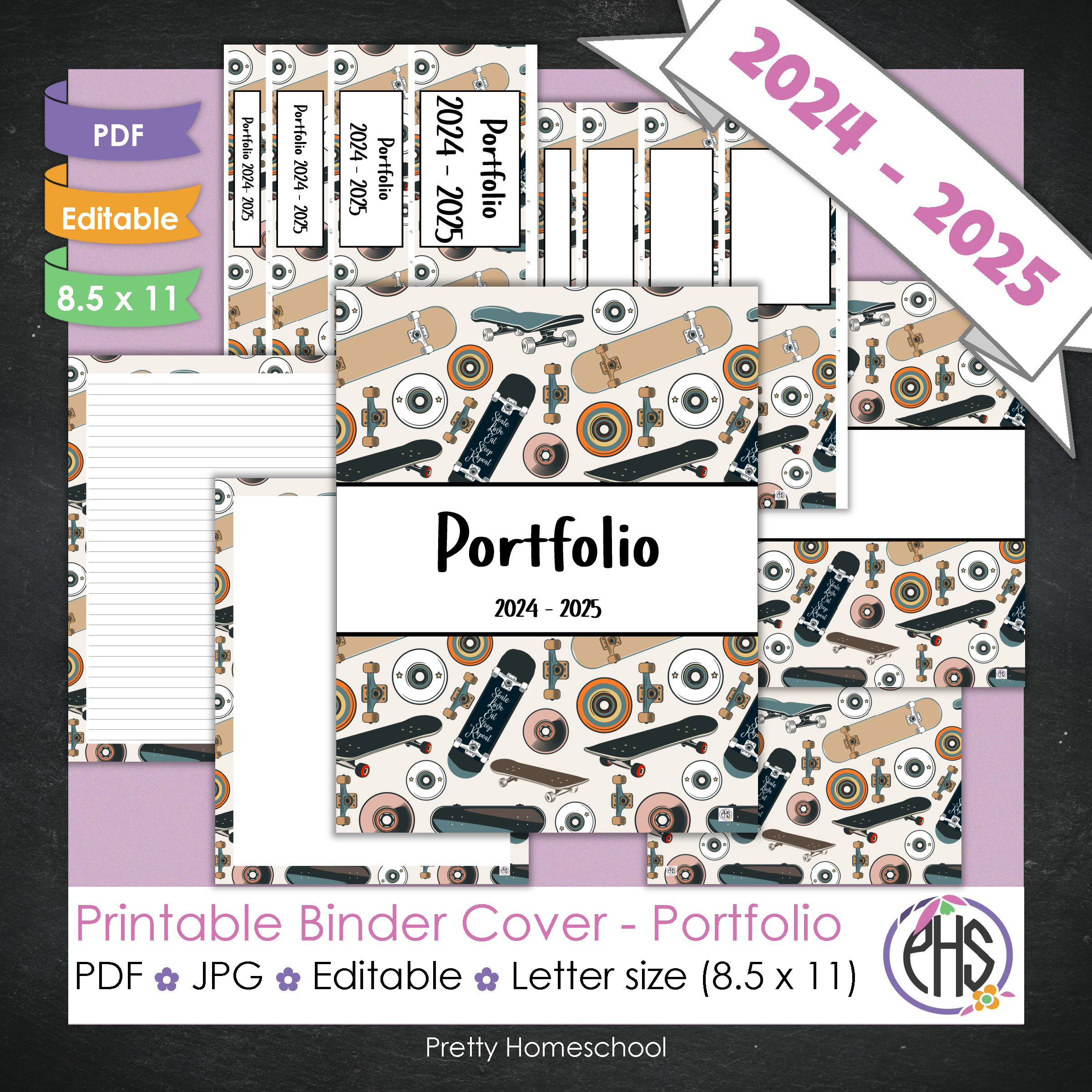 Editable and Printable Portfolio Binder Covers and Spines | Skateboards Theme