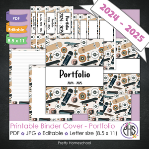 Editable and Printable Portfolio Binder Covers and Spines | Skateboards Theme