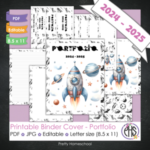 Editable and Printable Portfolio Binder Covers and Spines | Spaceship and Space Theme