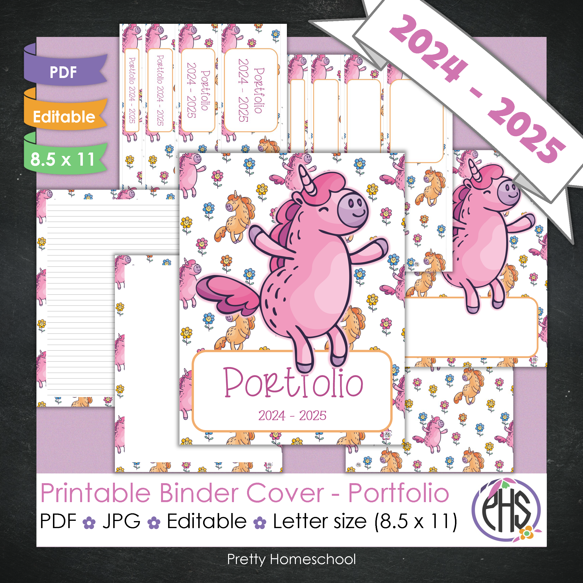 Editable and Printable Portfolio Binder Covers and Spines | Pink and Yellow Unicorns Theme