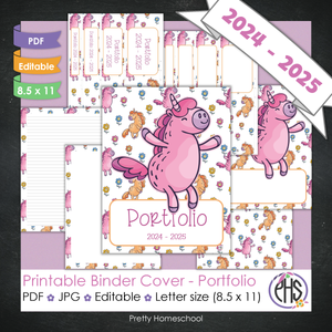 Editable and Printable Portfolio Binder Covers and Spines | Pink and Yellow Unicorns Theme