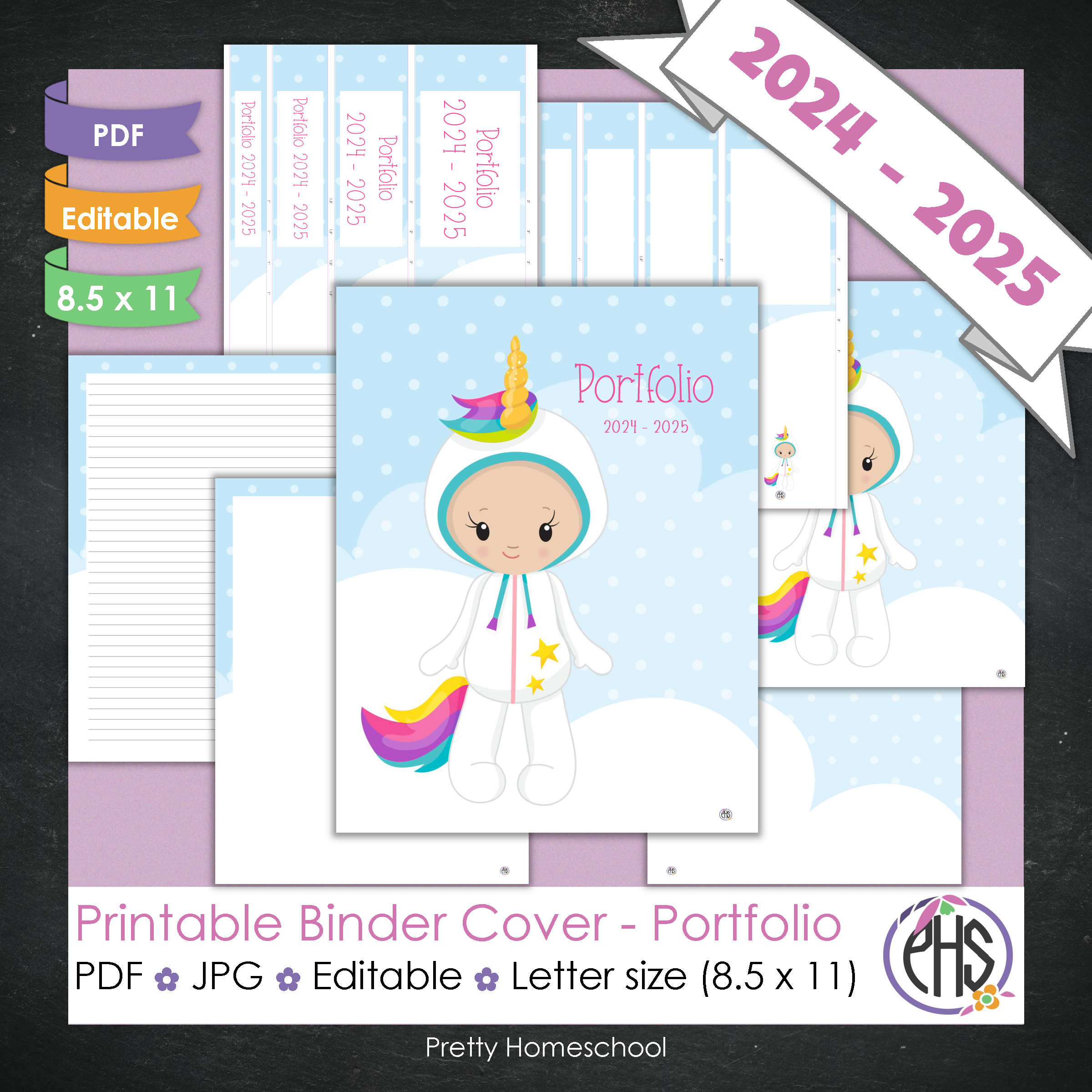 Editable and Printable Portfolio Binder Covers and Spines | Wannabe Unicorn Theme