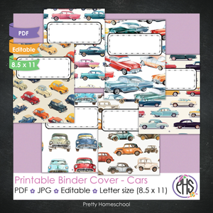 Printable and Editable Binder Covers and Spines - Vintage Cars