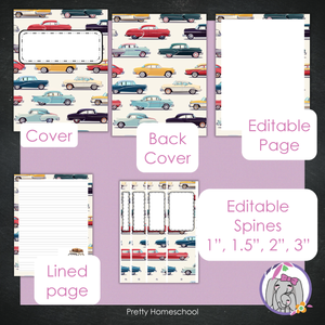 Printable and Editable Binder Covers and Spines - Vintage Cars