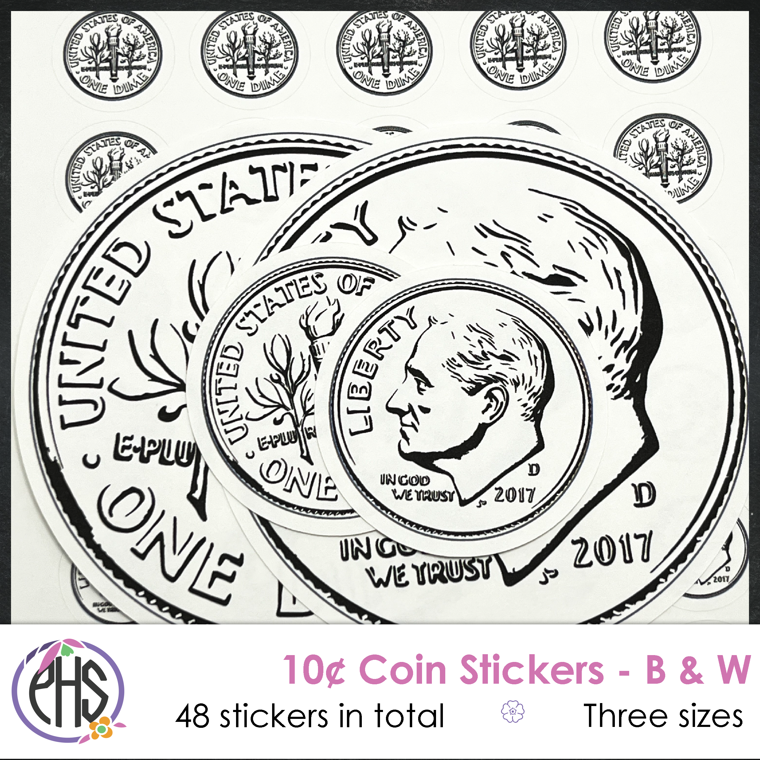 Black and White Ten-cents Coin Stickers 10¢