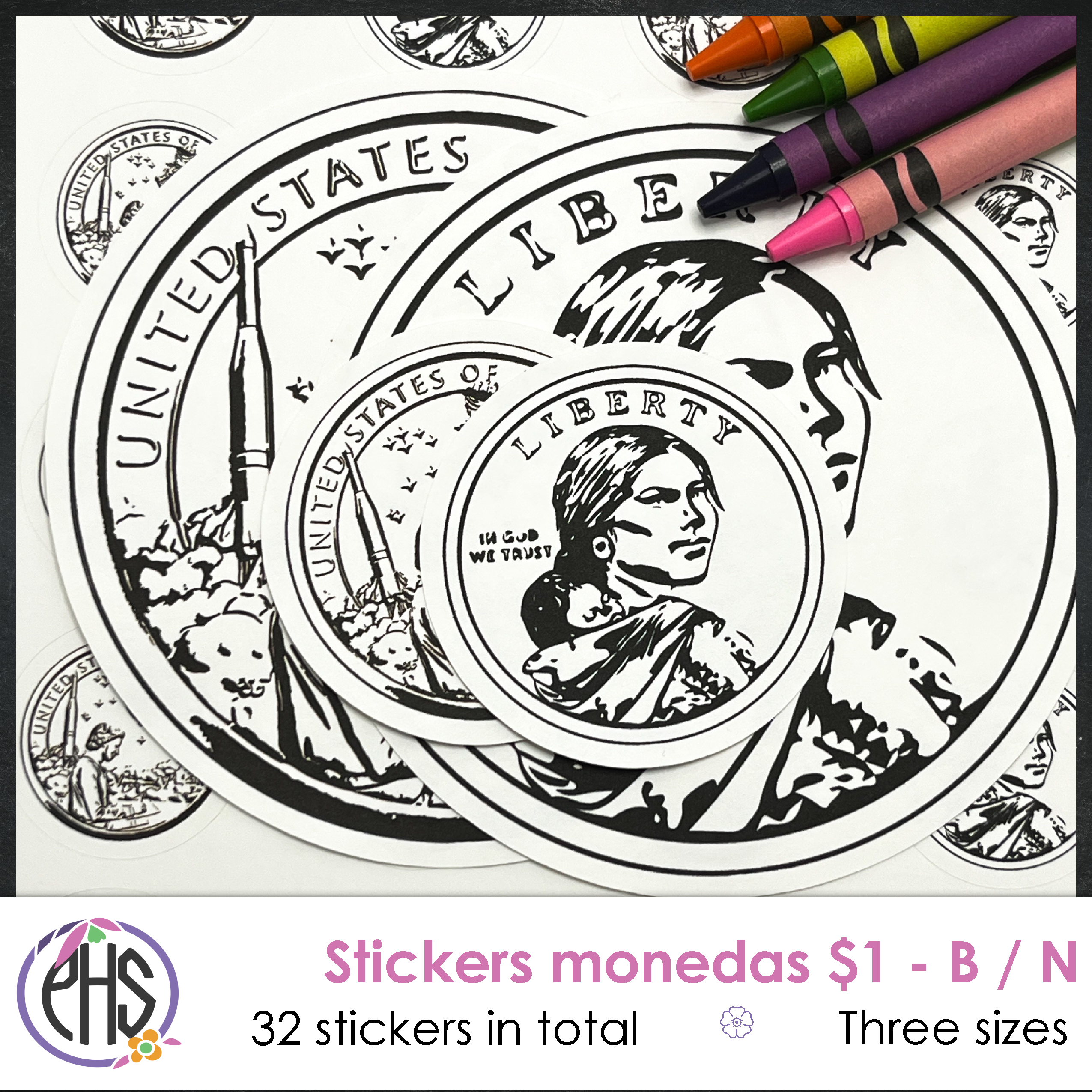 Stickers Monedas de un dolar $1 / Blanco y negro