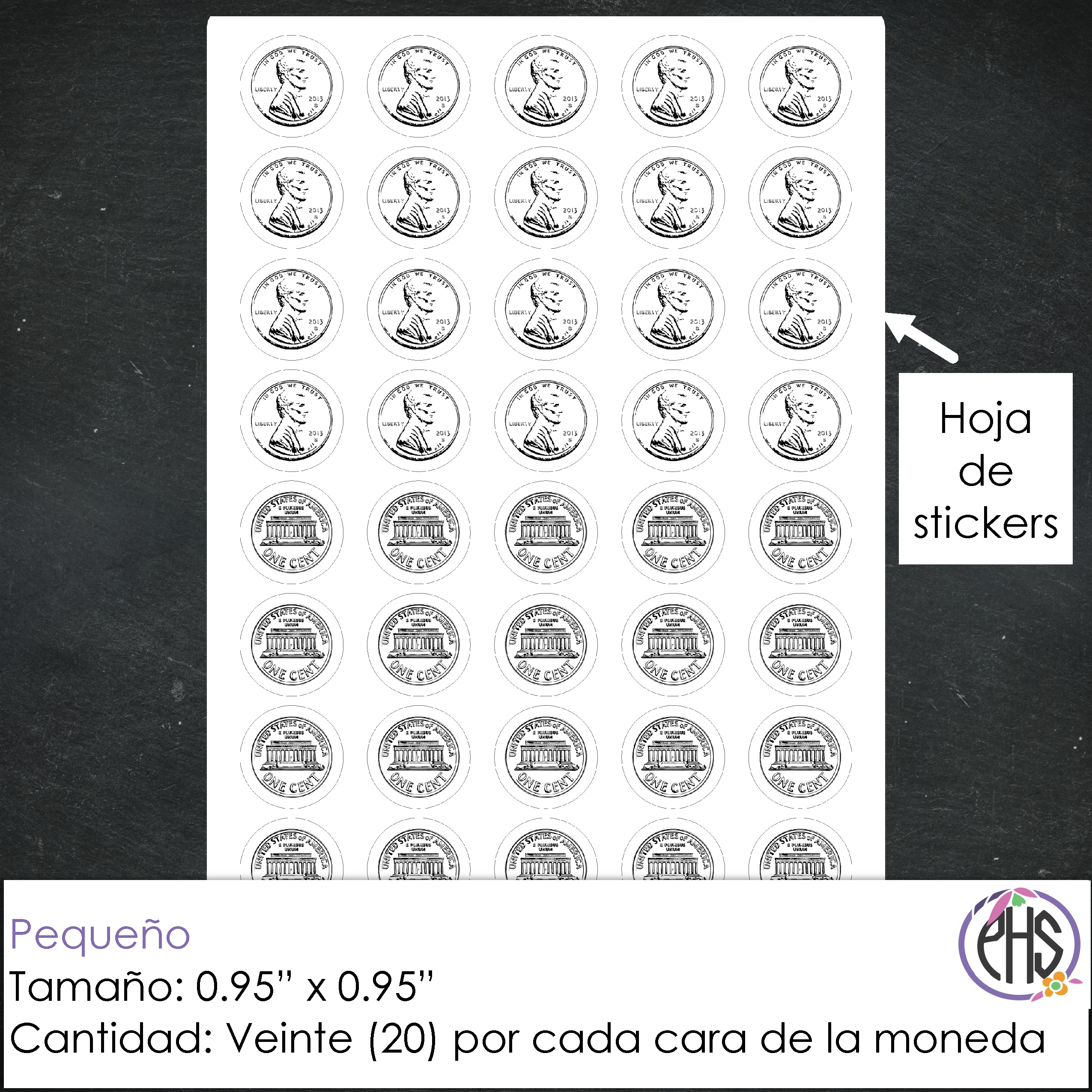 Stickers Monedas de un centavo 1¢ / Blanco y negro