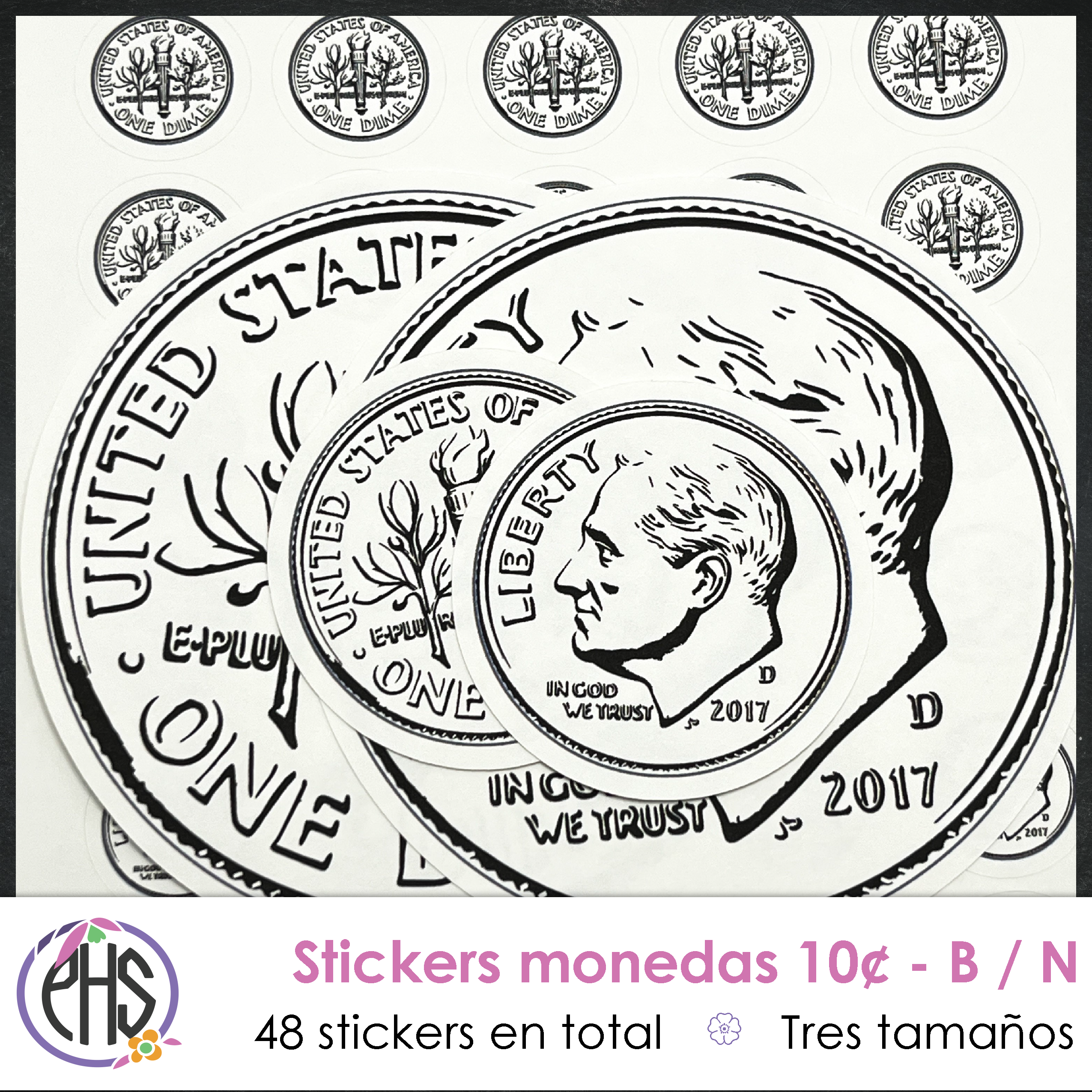 Stickers Monedas de diez centavos 10¢ / Blanco y negro