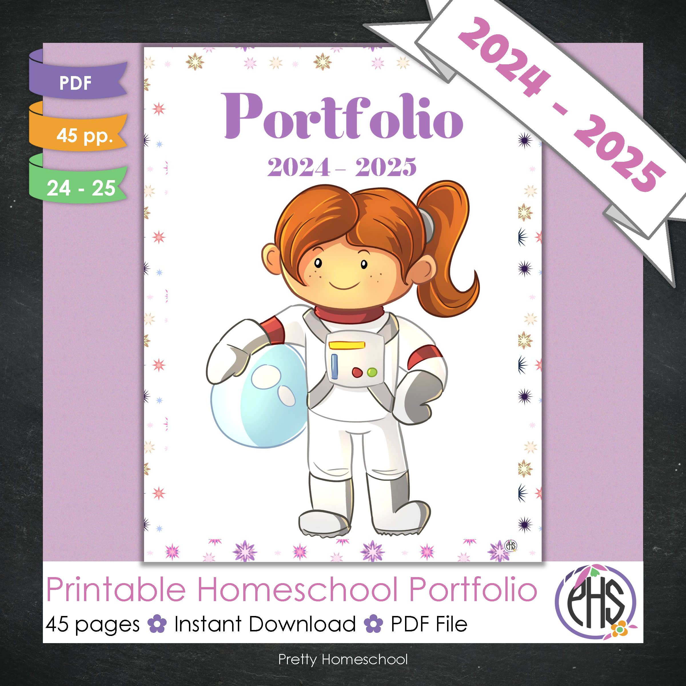 Printable Homeschool Portfolio | End-of-the-Year Homeschool Binder | Astronaut Girl and Space Theme