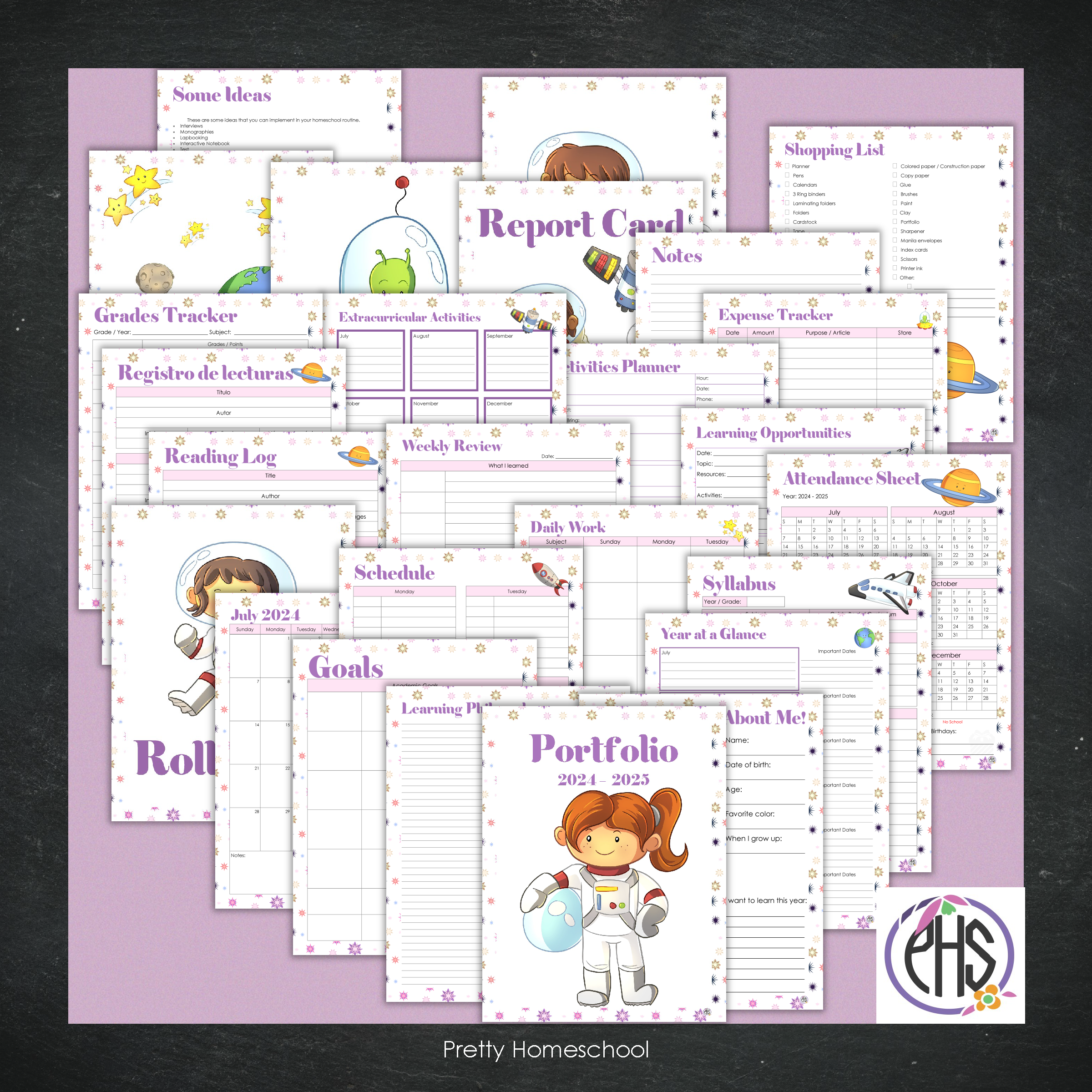 Printable Homeschool Portfolio | End-of-the-Year Homeschool Binder | Astronaut Girl and Space Theme
