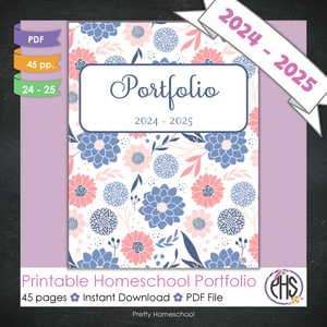Printable Homeschool Portfolio | End-of-the-Year Homeschool Binder | Blue and Coral Flowers Theme