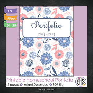 Printable Homeschool Portfolio | End-of-the-Year Homeschool Binder | Blue and Coral Flowers Theme