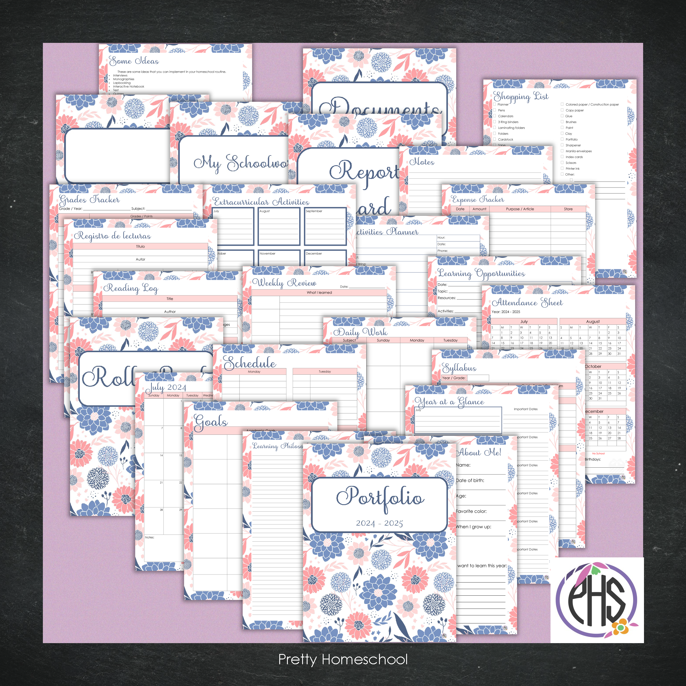 Printable Homeschool Portfolio | End-of-the-Year Homeschool Binder | Blue and Coral Flowers Theme