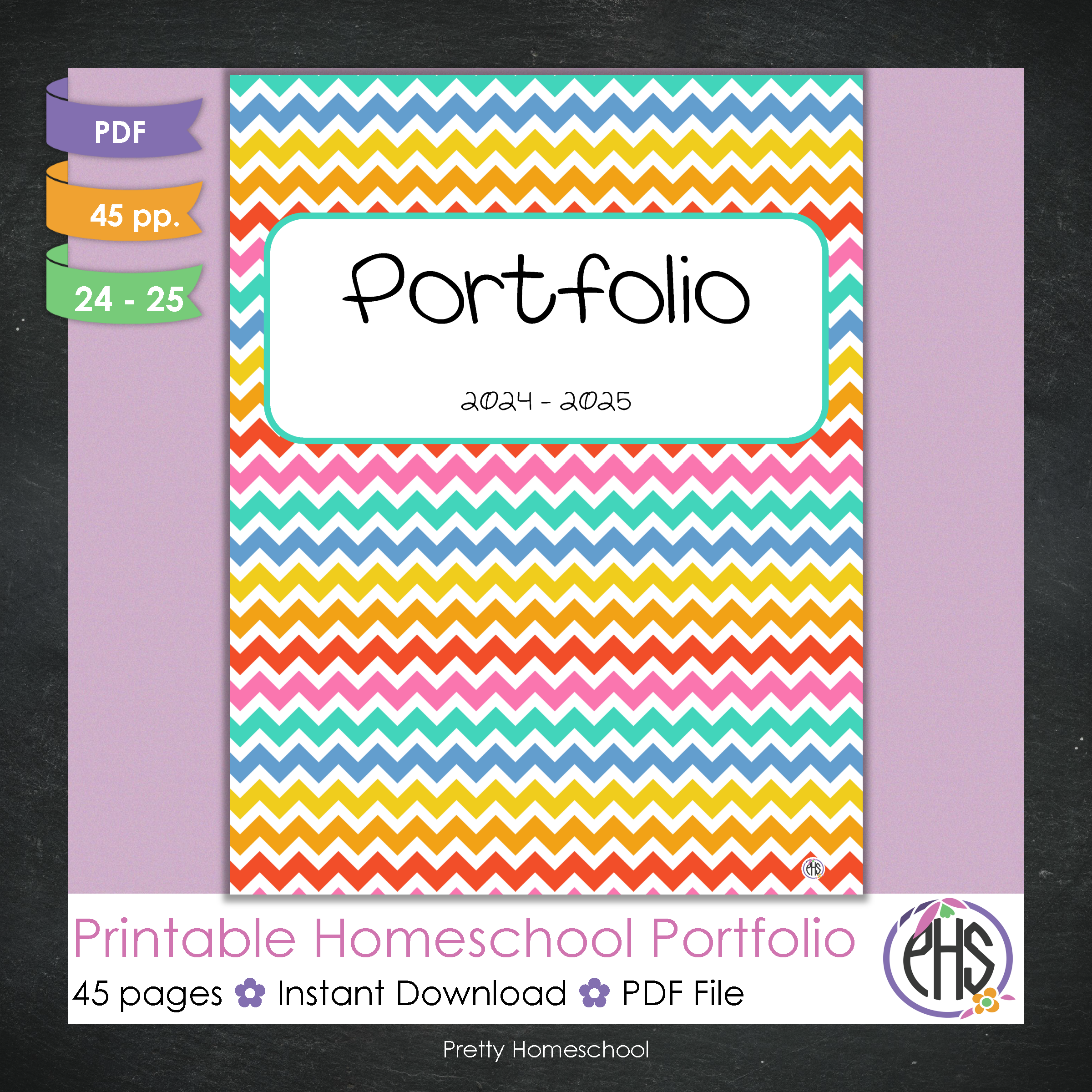 Printable Homeschool Portfolio | End-of-the-Year Homeschool Binder | Bright Chevron Colors Theme